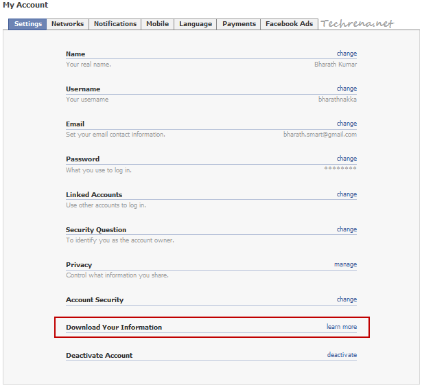 Download Your Information in fb account settings