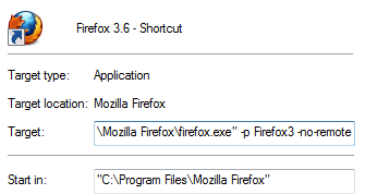 Firefox 3.6 shortcut profile name