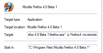 Firefox 4 Beta shortcut with profile name 