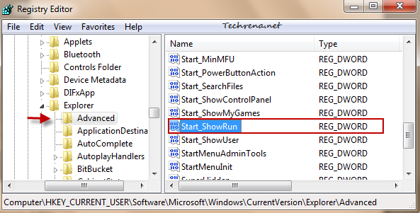 Start ShowRun key in regedit