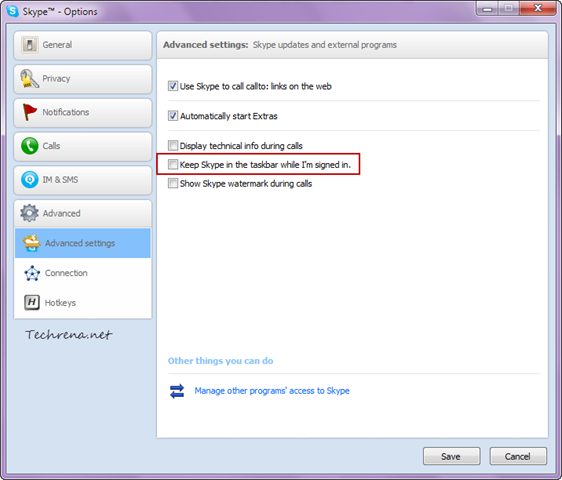 Skype options advanced settings