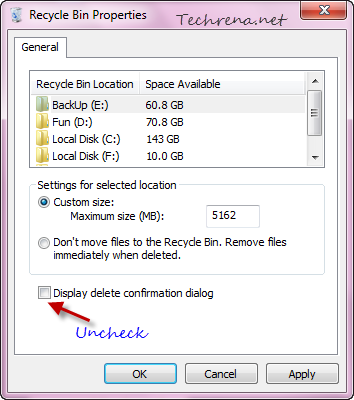 Recycle bin properties delete confirmation