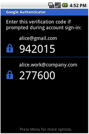 Google authenticator screenshot