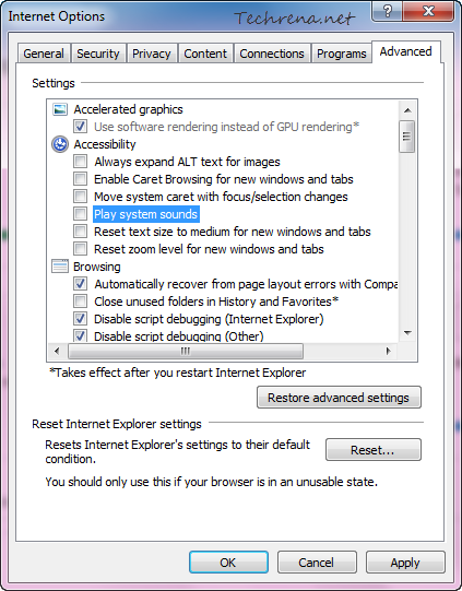 System sounds from internet options in IE9