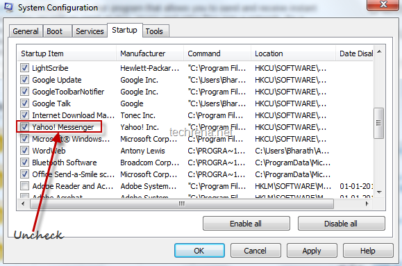 Yahoo Messenger entry in Sytem configuration (msconfig)