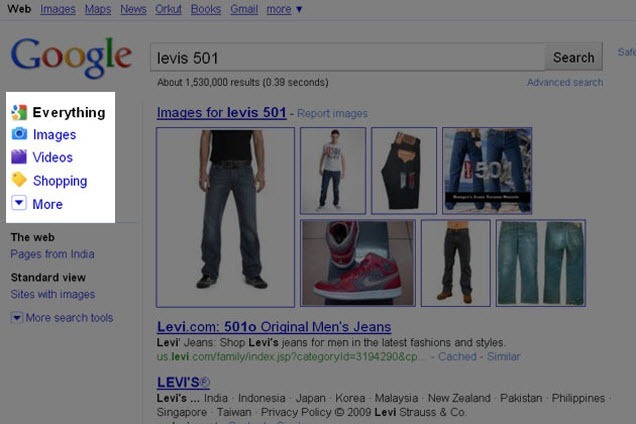 Google results fot shopping query