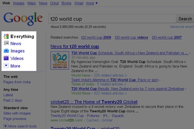 Google result for sports query