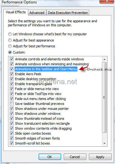 Performance Options under Visual Effects in Windows7