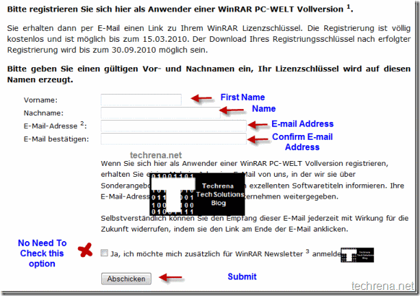 WinRar Free Licence Give away site Regsitration form in Germany