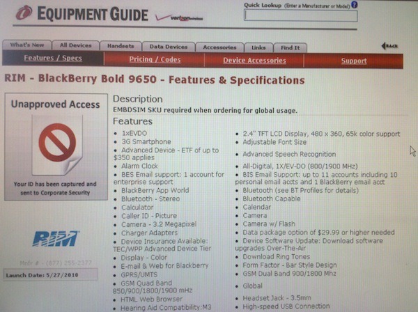 blackberry bold 9650 leaked specifications