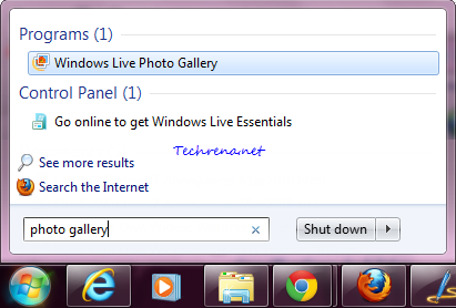 Photo Gallery Windows 7 start menu search