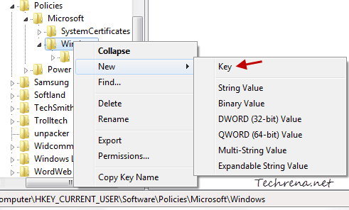 Create a new sub key under Windows main registry key