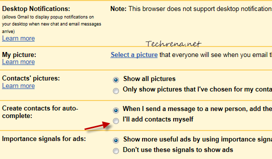 gmail contacts auto complete settings