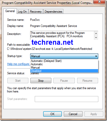 Program Compatibility Assistant Service Properties Window