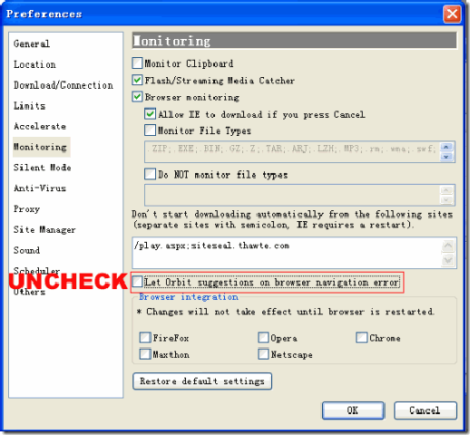 Uncheck Orbit Browser navigation error