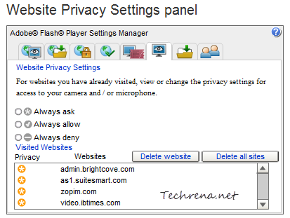 Adobe Flash Website Privacy Settings Panel