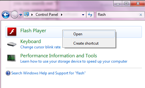Flash Player control panel