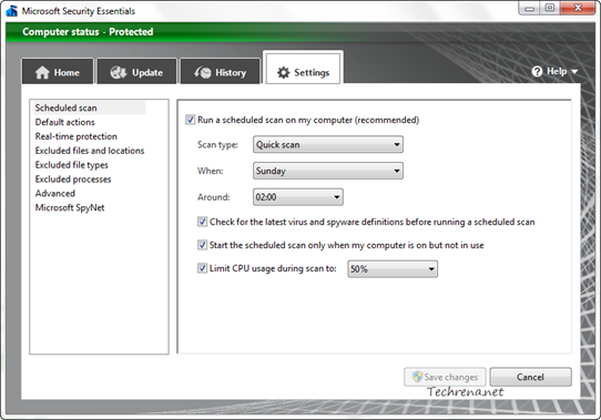 Microsoft security essentials v2 settings