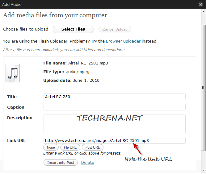 Media file uploaded to WordPress library