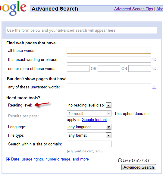 Advanced search options in Google