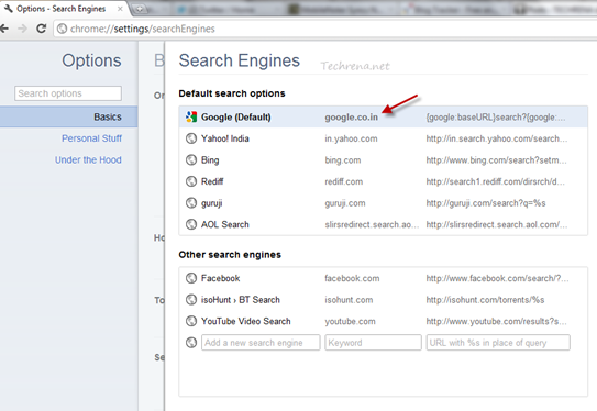 Google Chrome Search Engines list