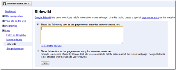 Sidewiki entry in Webmaster Tools