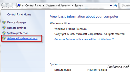 System settings in control panel