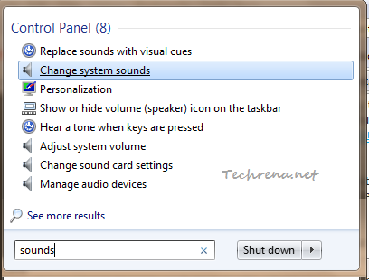 Start Menu search result for sound