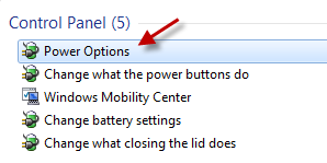 Power options start menu search result