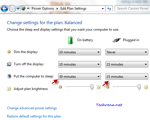Power plan default settings