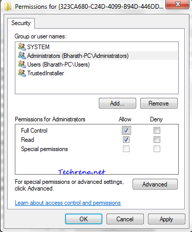 permissions for key in regedit for favorites renaming