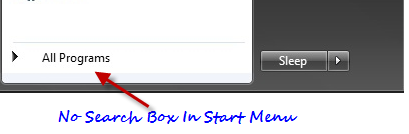 No search box in Start Menu