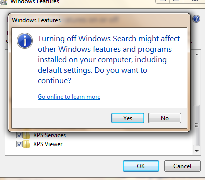 Windows search turn off warning