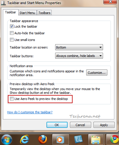 Aero peek option in taskbar and start menu properties