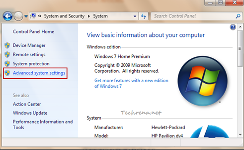 System settings in Control Panel