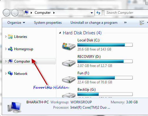 Favorites disabled in Windows 7 navigation pane