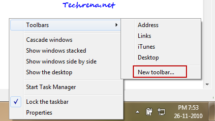 new toolbar from taskbar in windows 7