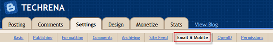 Email & Mobile tab under blogger blog settings