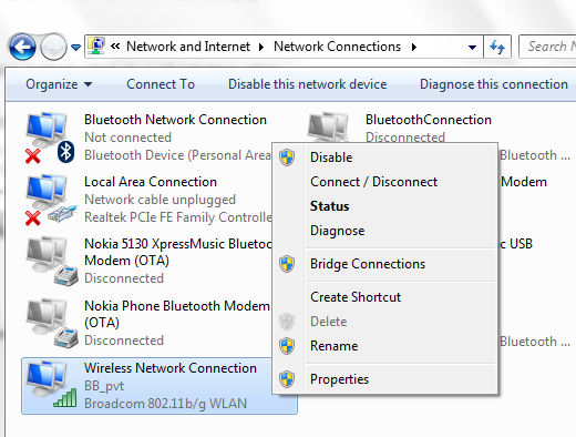 Context menu on network connection