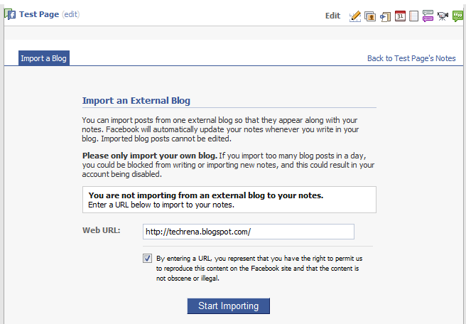Import a blog in Notes settings in Facebook page