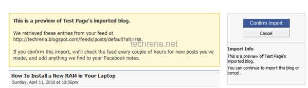 Facebook page blog import preview