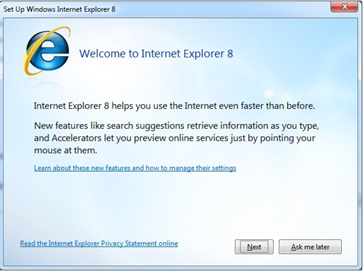 IE8 Set Up Welcome Screen