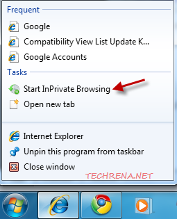 Windows 7 IE start inPrivate Browsing
