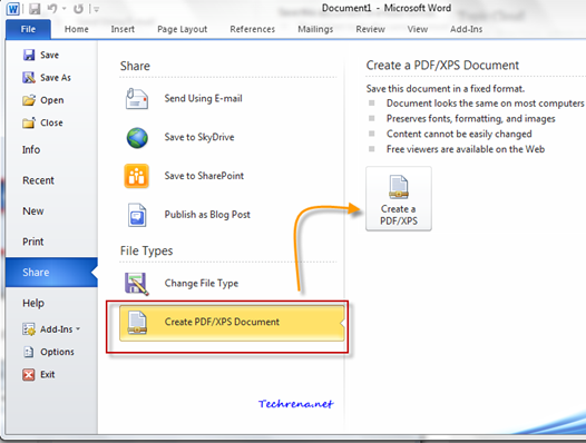 Share as PDF or XPS document in office 2010