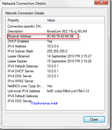 Physical address Network connection details