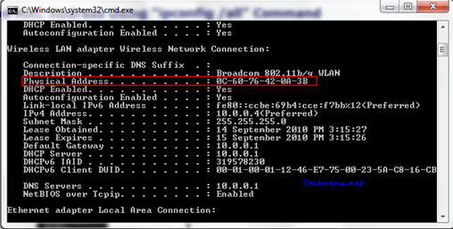 Physical address using ipconfig command