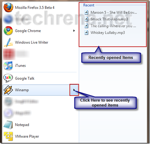 recent items start menu