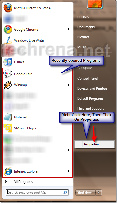 recent programs start menu