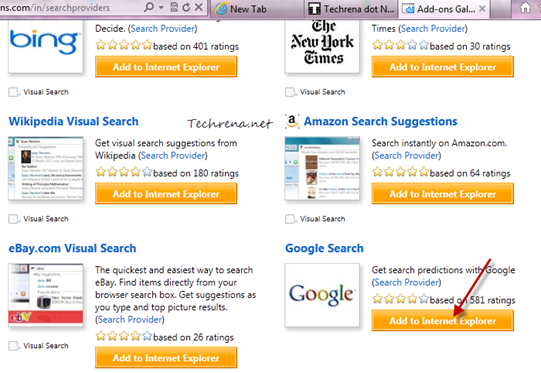 Search providers IE add-ons gallery
