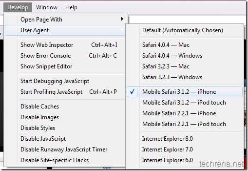 User Agent selection in Apple Safari